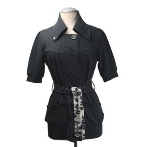 LA Kitty Womens Jacket L Gray Black Floral Belted Short Sleeve Collared